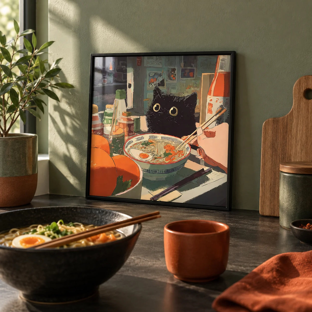 Ramen Wall Art, a small A4 framed print leaning on a dark worktop in a kitchen