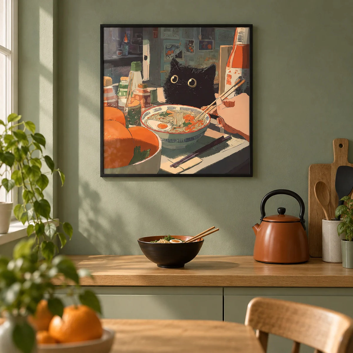 Ramen Wall Art, framed on the wall of a small first-flat kitchen (22-28) with a sage green painted wall
