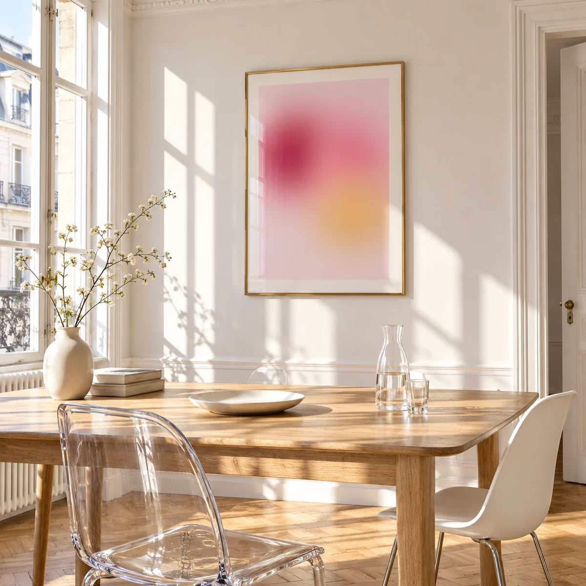 Raspberry Print, framed on the wall of a bright dining corner