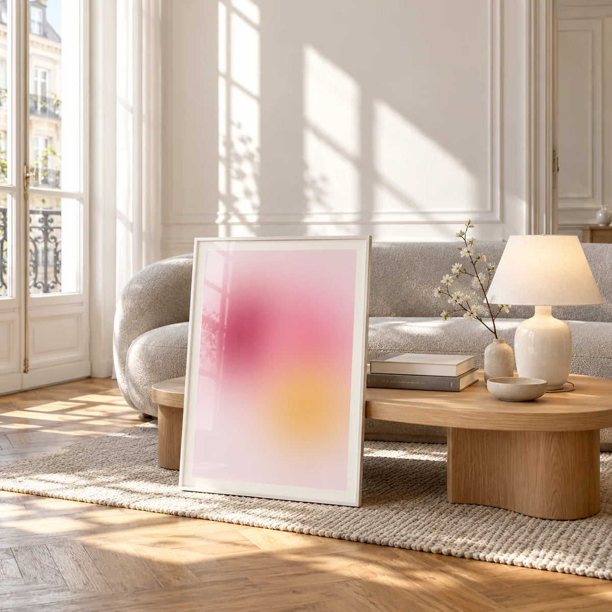 Raspberry Print, framed and leaning against a coffee table in a bright living room