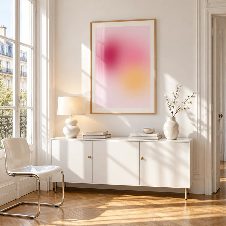 Raspberry Print, framed on the wall of a bright Paris style apartment in a living room
