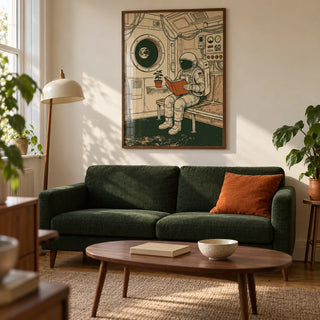 Reading Astronaut Poster, framed on the wall of a characterful mid-century living room in a modest British flat with warm cream walls and oak floorboards