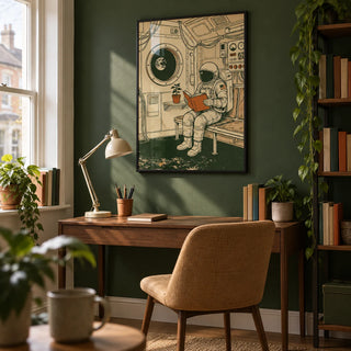 Reading Astronaut Poster, framed on the wall of a compact home study for a science-fiction reader (25-45) in a UK terraced house with a muted forest green wall