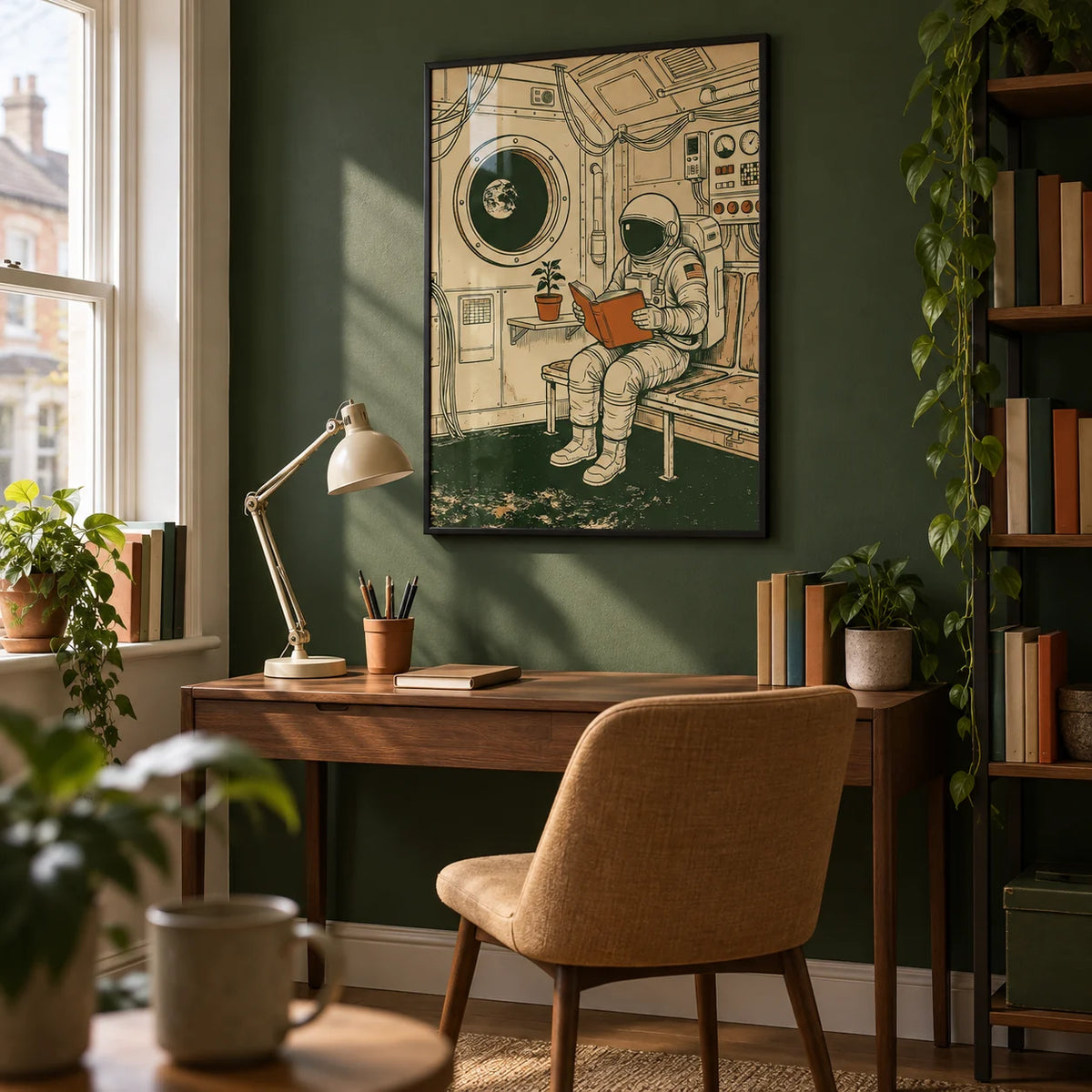 Reading Astronaut Poster, framed on the wall of a compact home study for a science-fiction reader (25-45) in a UK terraced house with a muted forest green wall