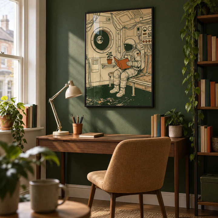 Reading Astronaut Poster, framed on the wall of a compact home study for a science-fiction reader (25-45) in a UK terraced house with a muted forest green wall