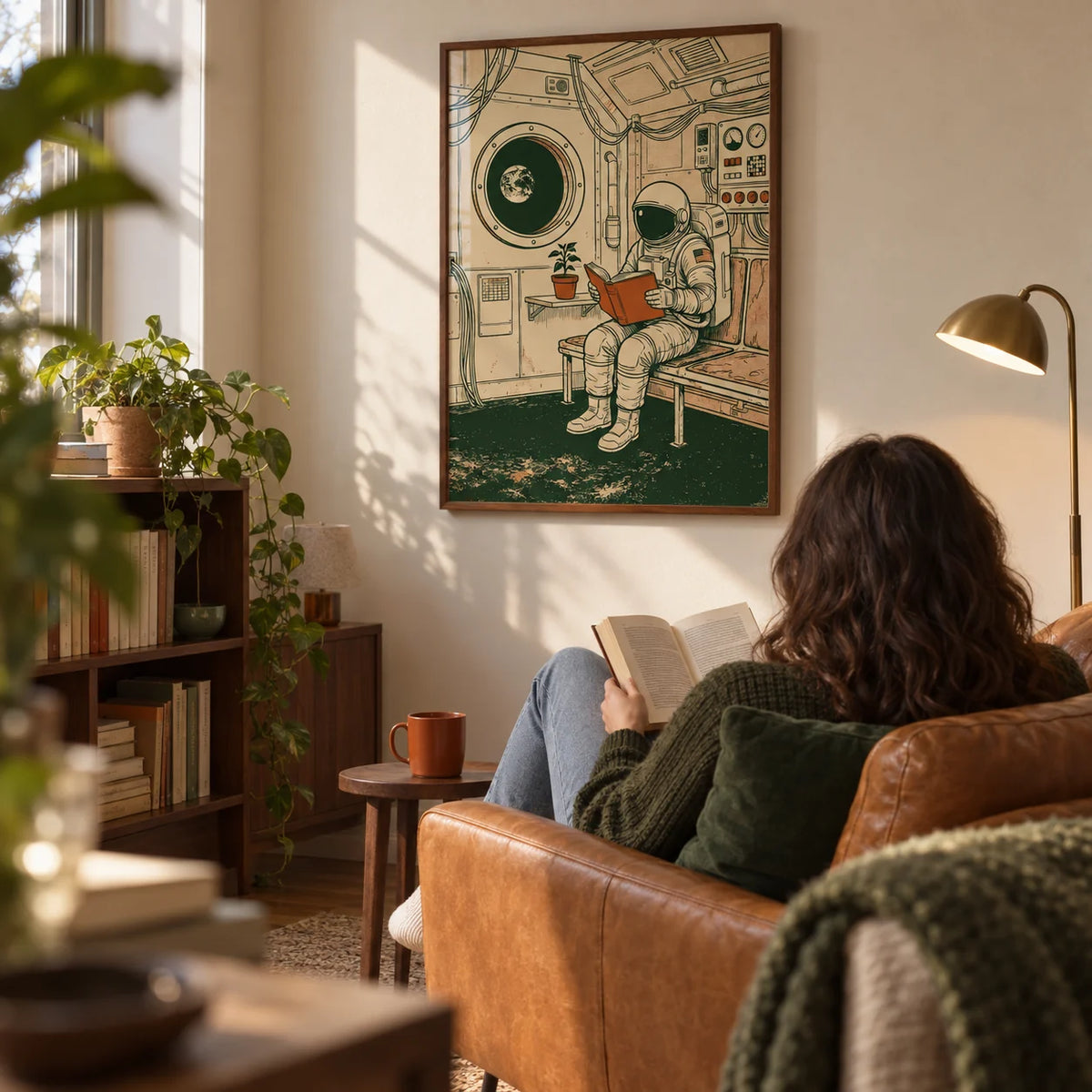Reading Astronaut Poster, framed on the wall of a cosy reading corner in a first flat (22-28) with a warm cream wall and a low walnut bookcase in a living room