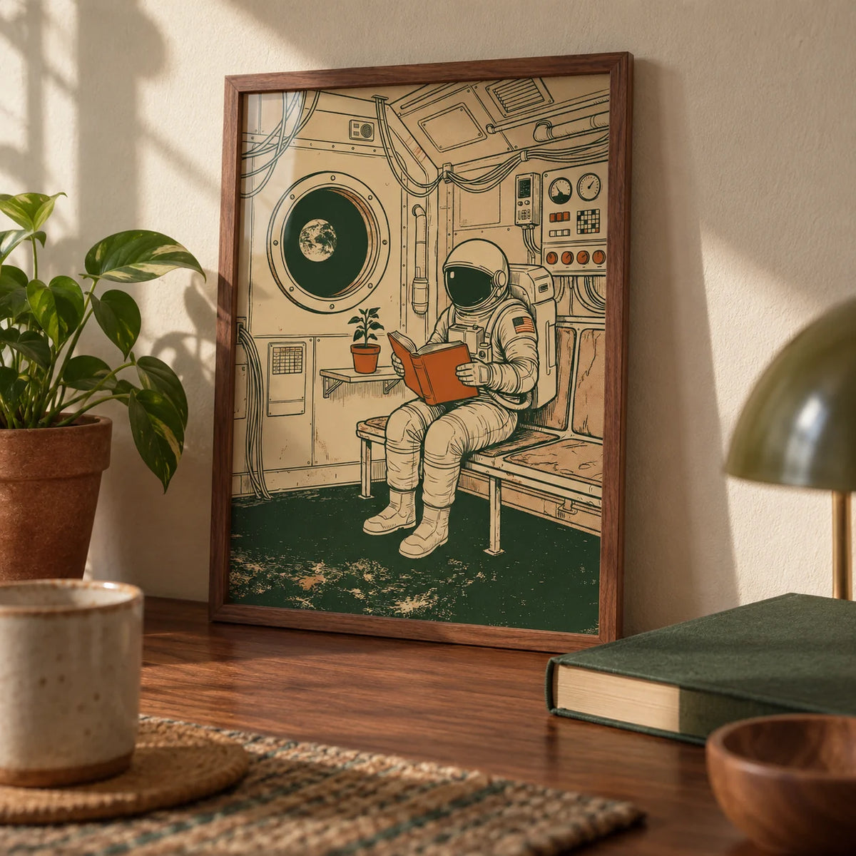 Reading Astronaut Poster, a small A4 framed print leaning on a walnut desk