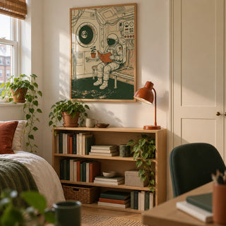 Reading Astronaut Poster, framed on the wall of an university student's compact study-bedroom (18-21) in a shared UK house with an off-white wall