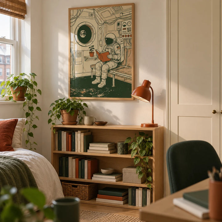 Reading Astronaut Poster, framed on the wall of an university student's compact study-bedroom (18-21) in a shared UK house with an off-white wall