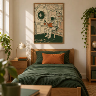 Reading Astronaut Poster, framed on the wall of a warm retro-inspired teen bedroom (13-17) in a British family home with a cream wall and oak floor