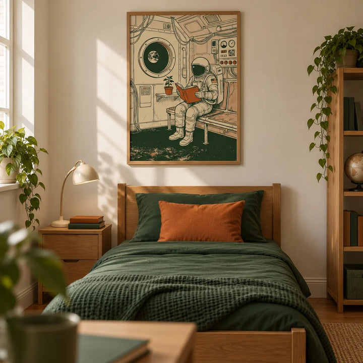 Reading Astronaut Poster, framed on the wall of a warm retro-inspired teen bedroom (13-17) in a British family home with a cream wall and oak floor