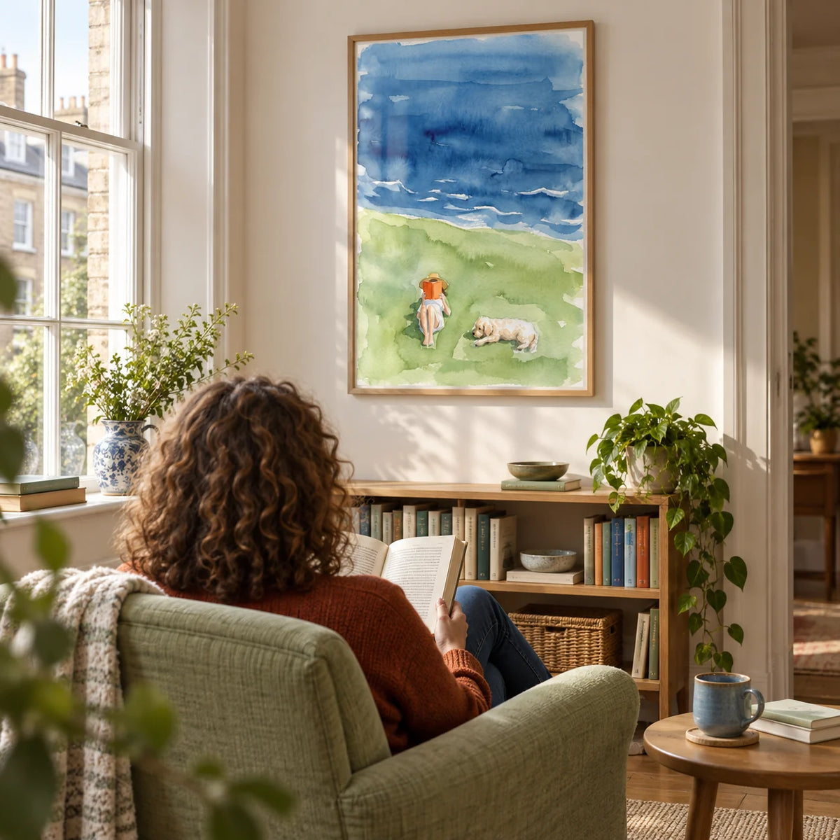Reading By The Sea Art Print, framed on the wall of a quiet reading corner beside a sash window in a UK flat with warm white walls in a living room