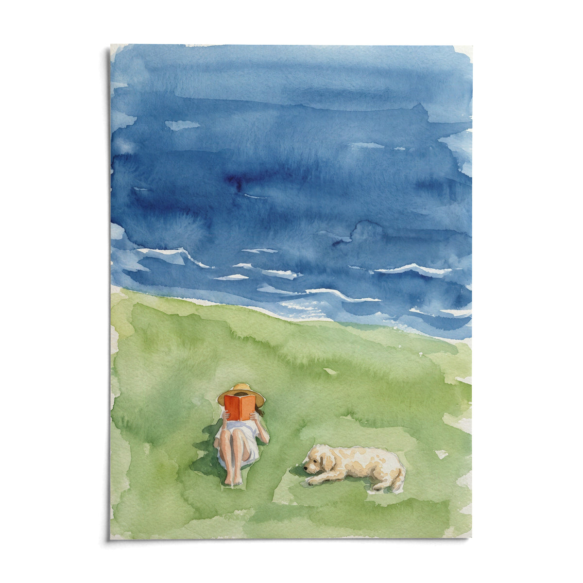 Reading By The Sea Art Print, shown as an unframed paper print on a plain white background