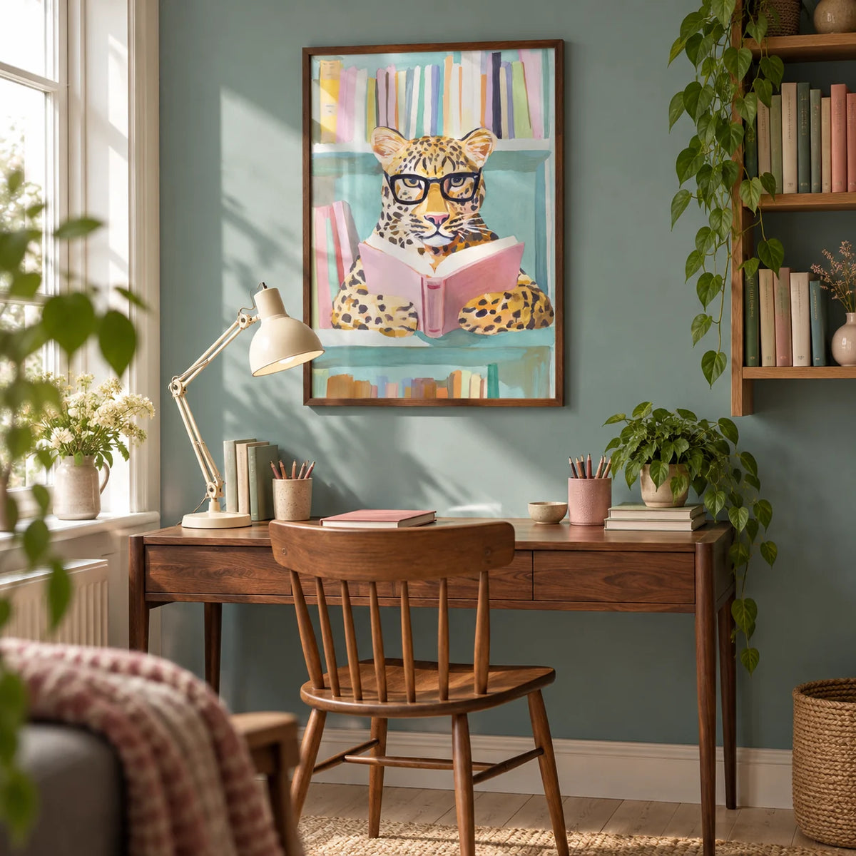 Reading Leopard Art Print, framed on the wall of a book lover's compact home study in a UK flat with a muted teal wall and pale wooden floor