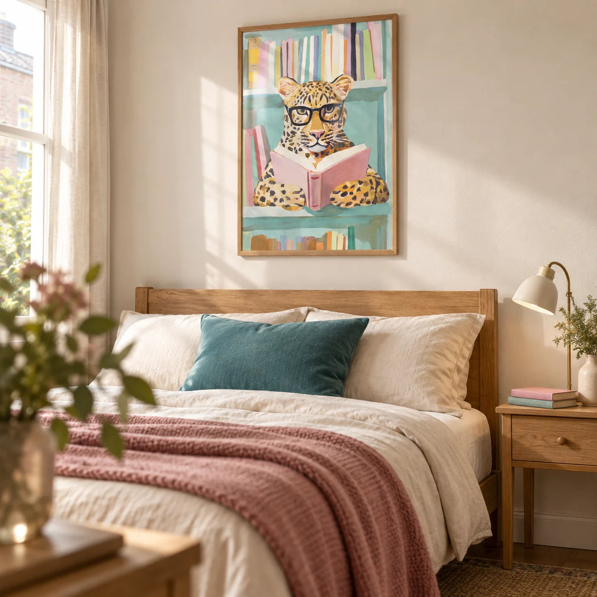 Reading Leopard Art Print, framed on the wall of a peaceful adult bedroom in a UK terraced house with warm cream walls