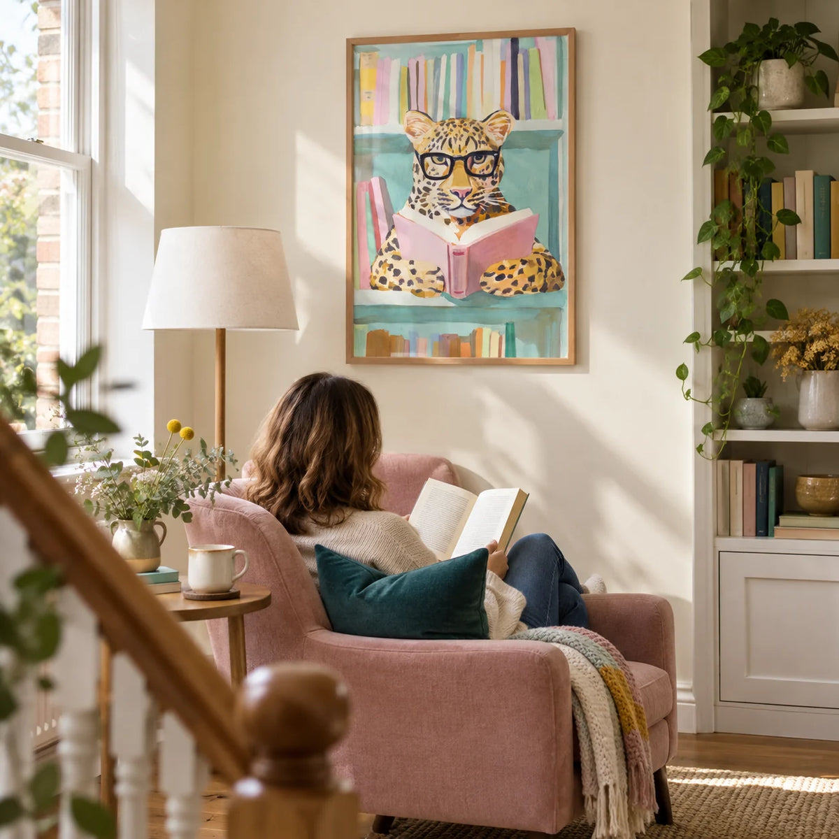Reading Leopard Art Print, framed on the wall of a quiet reading nook on a broad landing in a UK home with a pale cream wall and a low built-in bookcase in a living room