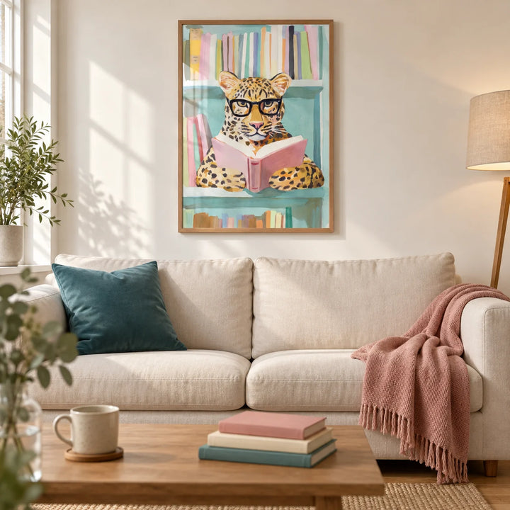 Reading Leopard Art Print, framed on the wall of a relaxed living room in a UK terraced house with warm white walls and oak floorboards