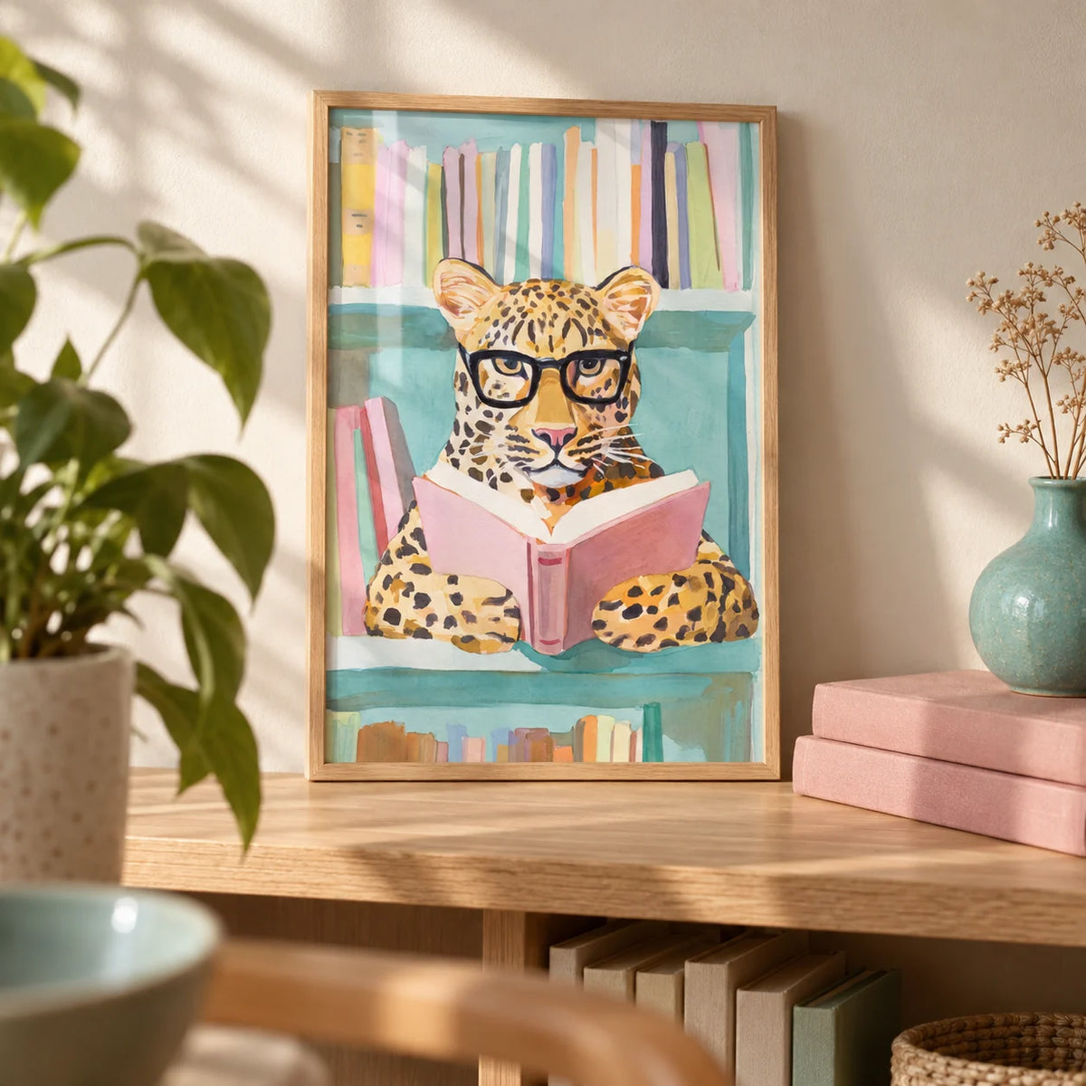Reading Leopard Art Print, a small A4 framed print leaning on a pale oak bookshelf in a living room