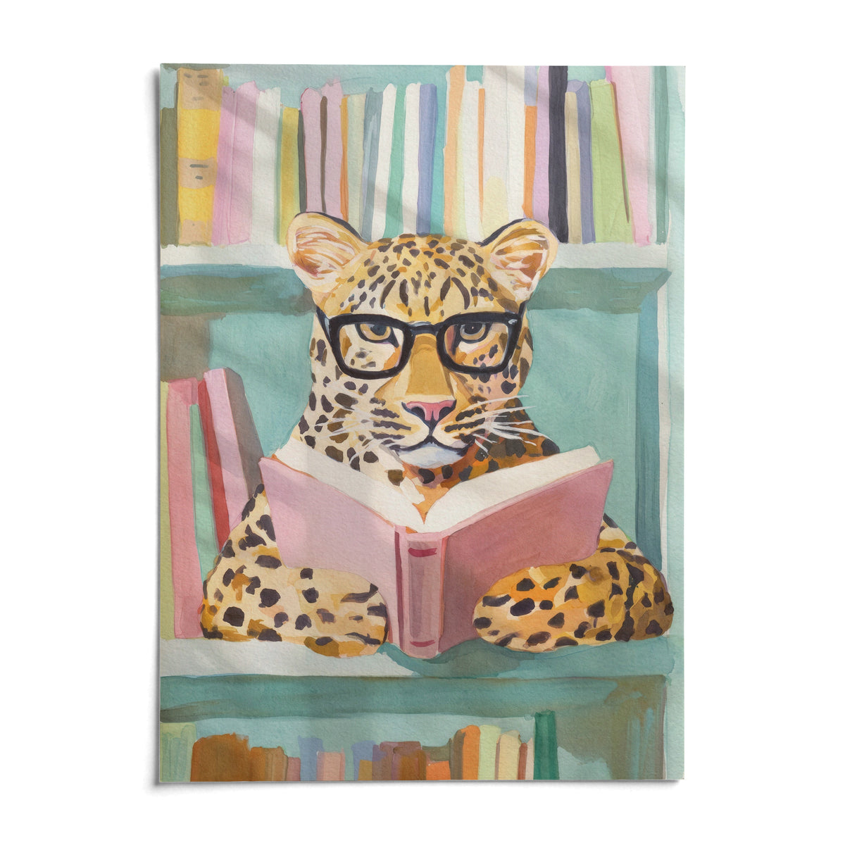 Reading Leopard Art Print, shown as an unframed paper print on a plain white background
