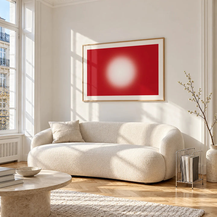 Red Abstract Wall Art, framed on the wall of a bright living room corner