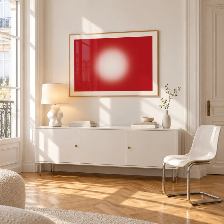 Red Abstract Wall Art, framed on the wall of a bright Paris style apartment in a living room