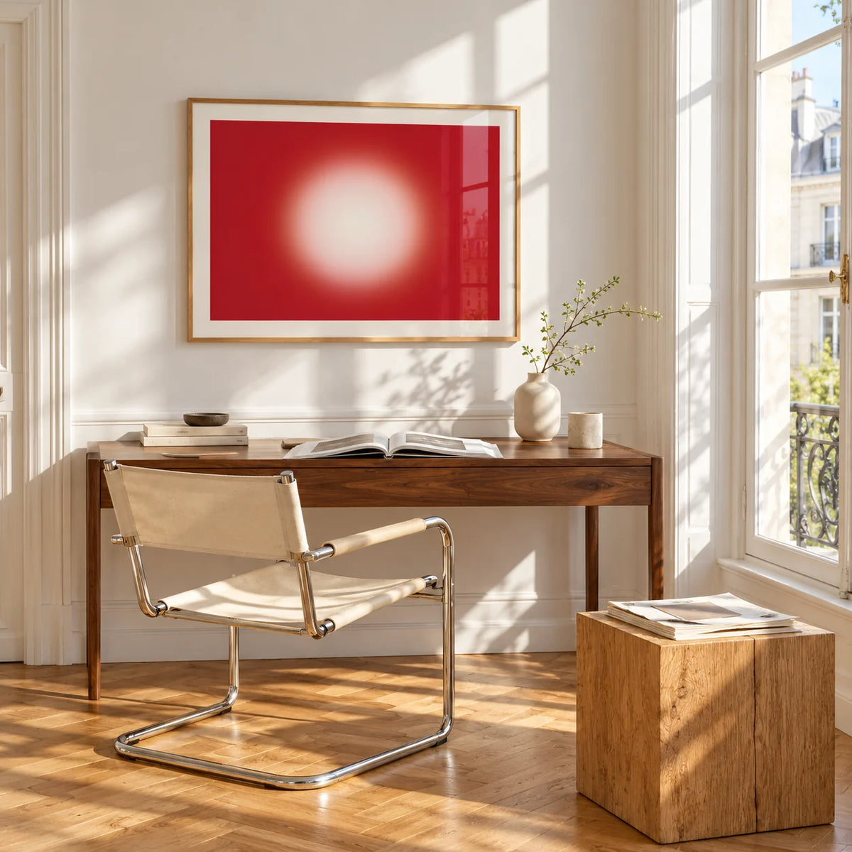 Red Abstract Wall Art, framed on the wall of a bright study corner with a tall white paned window