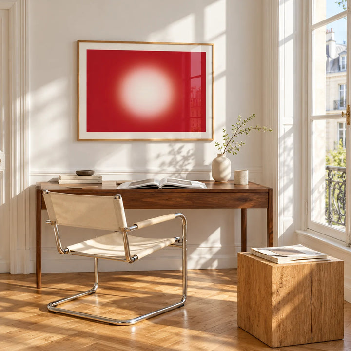 Red Abstract Wall Art, framed on the wall of a bright study corner with a tall white paned window