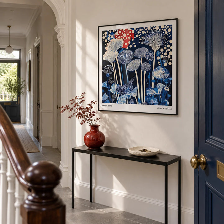 Red and Blue Art, framed on the wall of a bright entrance hallway in a Victorian terrace updated with modern joinery