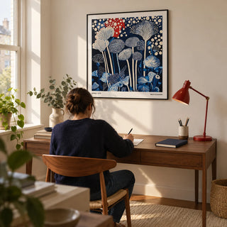 Red and Blue Art, framed on the wall of a compact home study in a design-conscious UK flat with a warm white wall and a plain cream rug