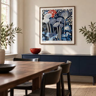 Red and Blue Art, framed on the wall of a crisp dining room in a renovated British terrace with a cream wall and pale timber flooring
