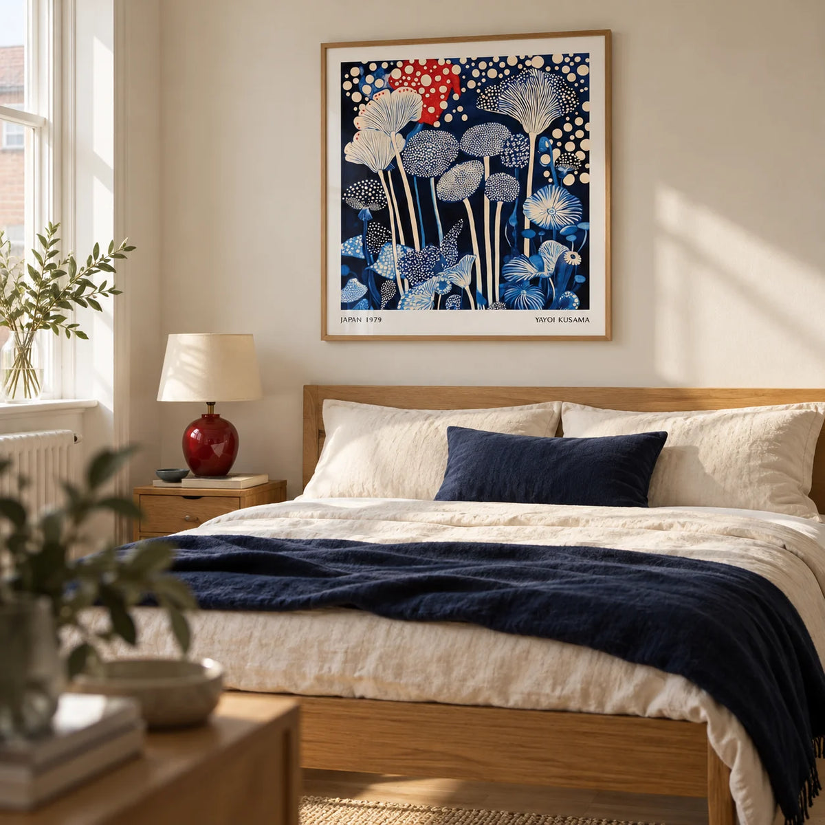 Red and Blue Art, framed on the wall of a modern bedroom in a UK townhouse with cream walls and a pale oak floor