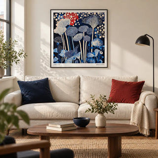 Red and Blue Art, framed on the wall of a modern living room in a UK city flat with warm white walls