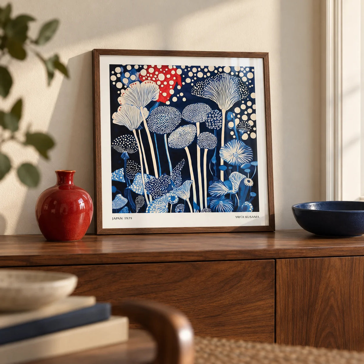Red and Blue Art, a small A4 framed print leaning on a walnut sideboard in a living room