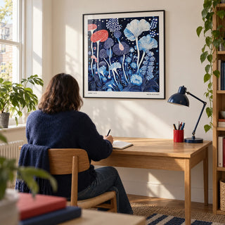 Red and Blue Wall Art, framed on the wall of a bright home study in a modern UK flat with a warm white wall