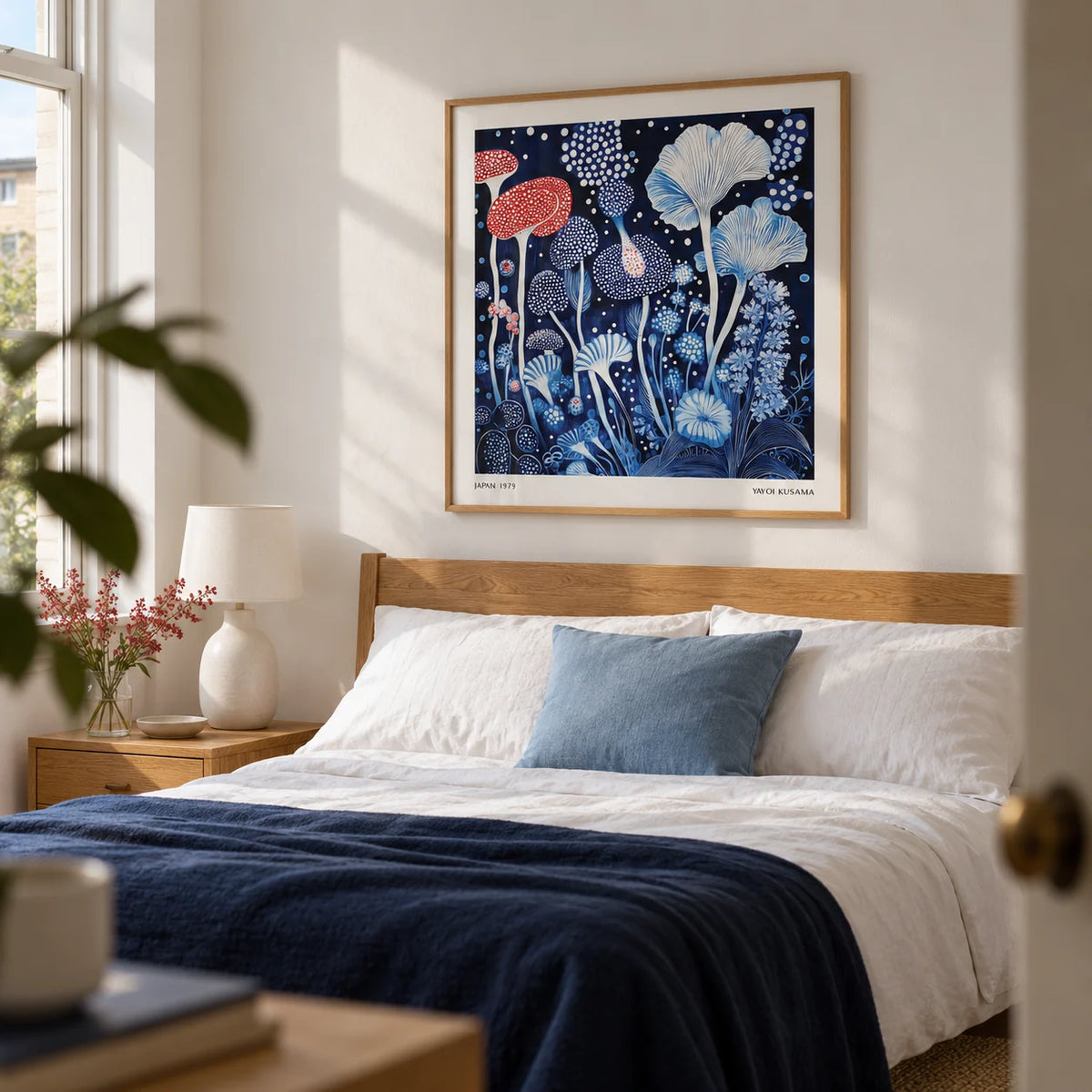 Red and Blue Wall Art, framed on the wall of a calm modern bedroom for a botanical-art lover (25-40) in a UK terrace with a soft white wall