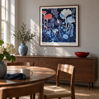 Red and Blue Wall Art, framed on the wall of a compact dining room in a renovated UK terrace with pale grey plaster walls