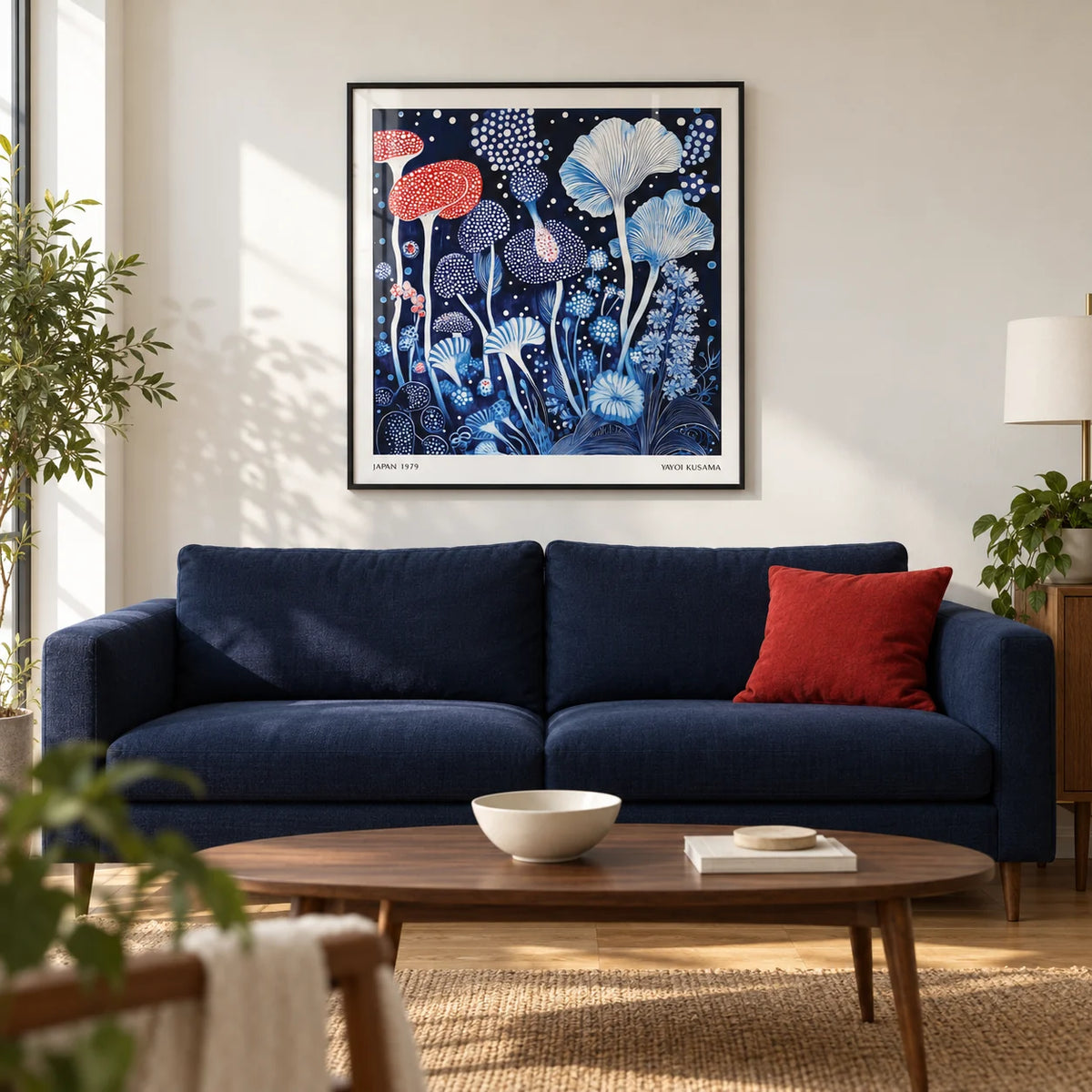 Red and Blue Wall Art, framed on the wall of a modern living room in a UK first flat (22-30) with a warm white wall and oak floor