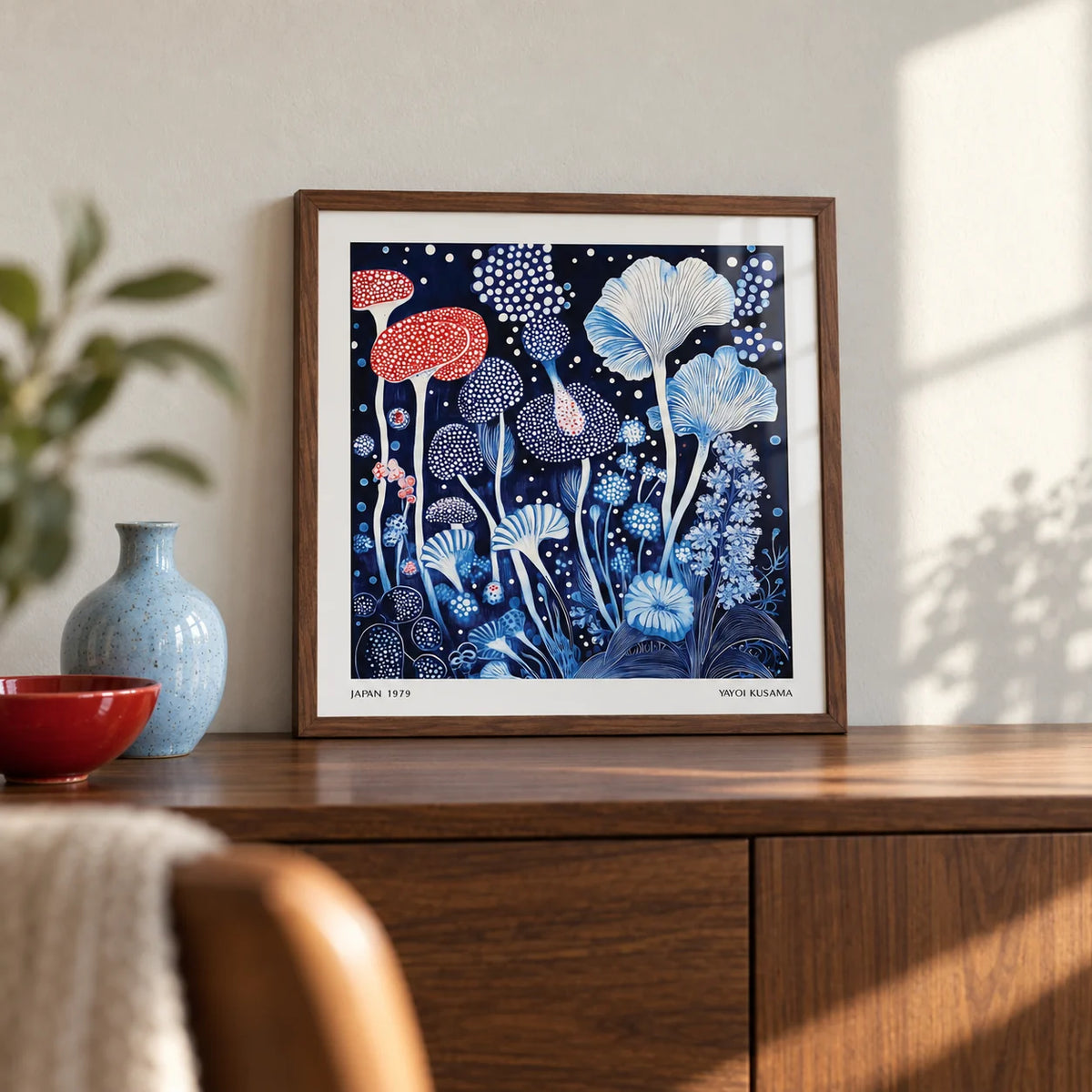 Red and Blue Wall Art, a small A4 framed print leaning on a walnut sideboard in a living room