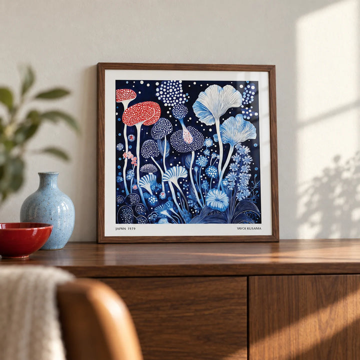 Red and Blue Wall Art, a small A4 framed print leaning on a walnut sideboard in a living room