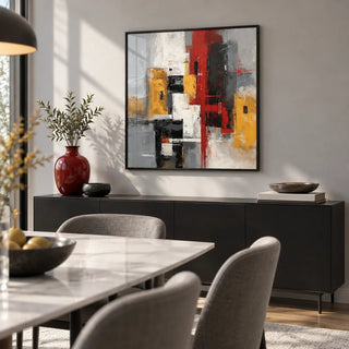 Red And Yellow Abstract Poster, framed on the wall of a modern dining room with a light grey wall