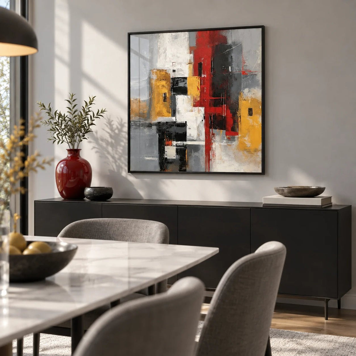 Red And Yellow Abstract Poster, framed on the wall of a modern dining room with a light grey wall