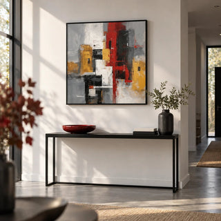 Red And Yellow Abstract Poster, framed on the wall of a modern hallway with a white wall and a grey floor