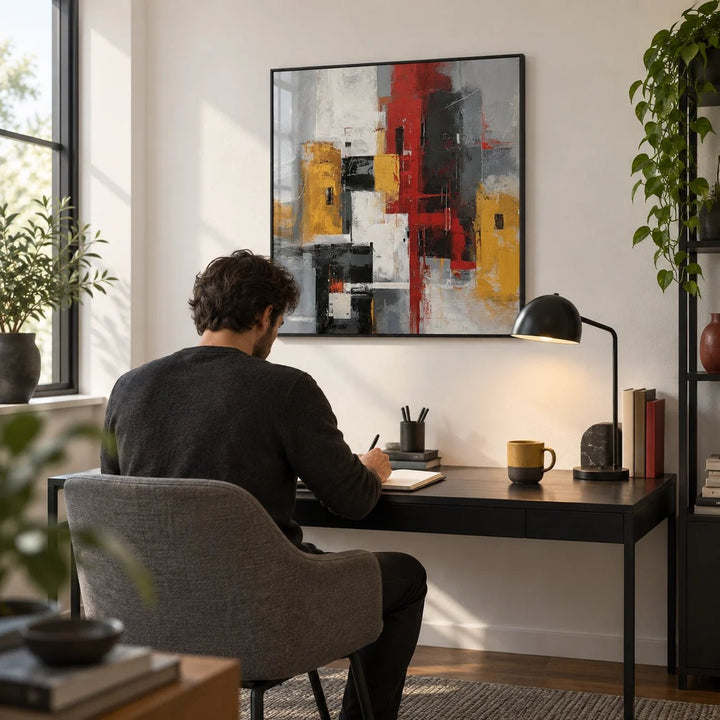 Red And Yellow Abstract Poster, framed on the wall of a modern home study with a white wall