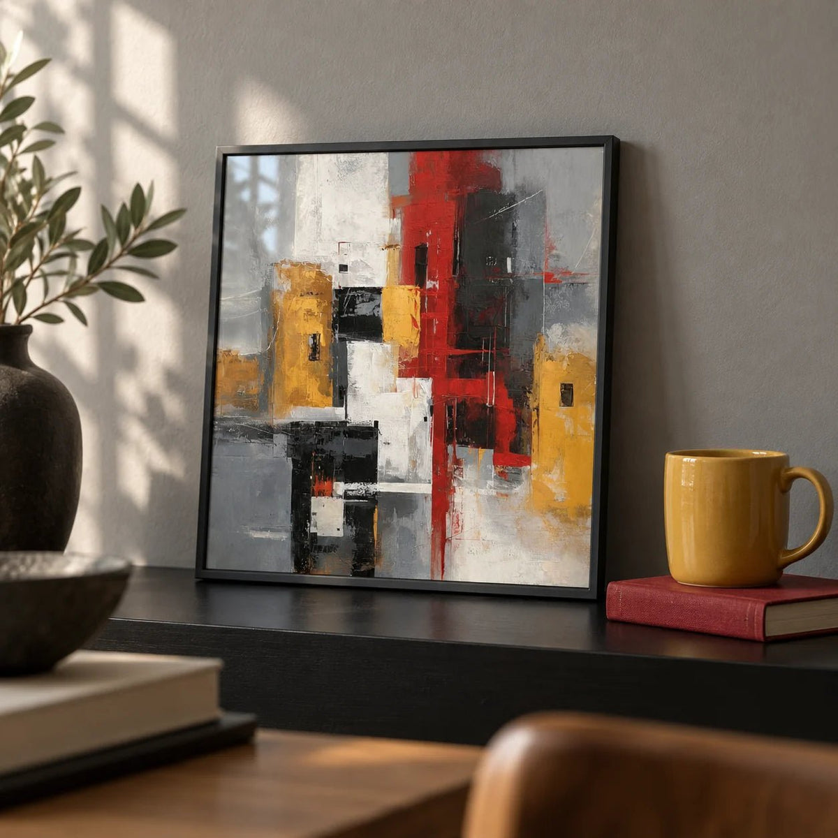Red And Yellow Abstract Poster, a small A4 framed print leaning on a black shelf in a living room