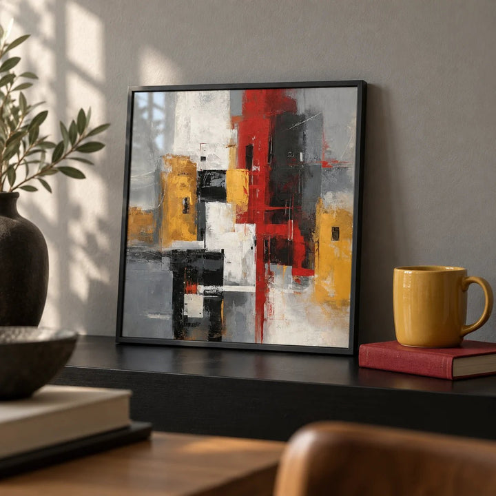 Red And Yellow Abstract Poster, a small A4 framed print leaning on a black shelf in a living room