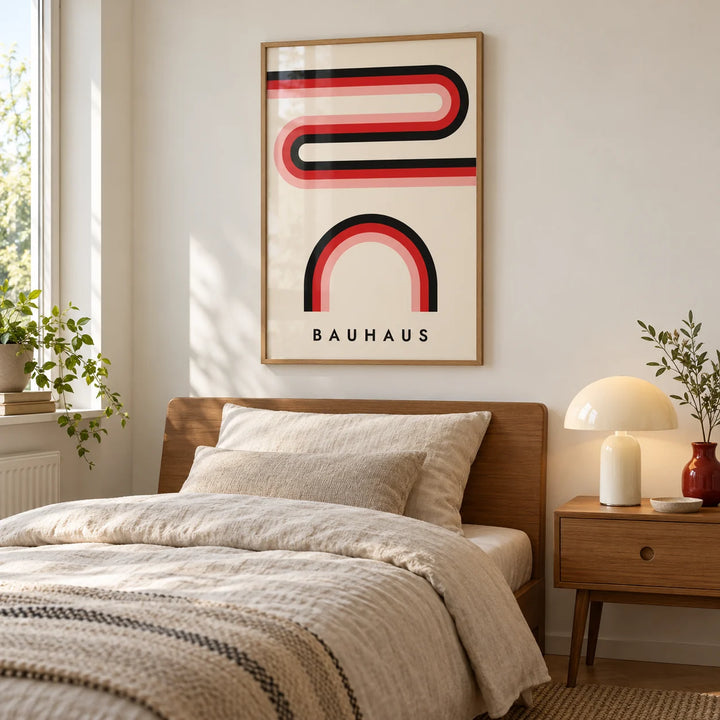 Red Black and White Wall Art, framed on the wall of a calm modern bedroom with a warm white wall