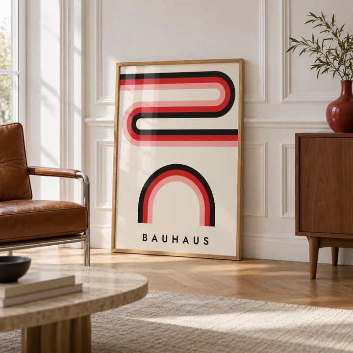 Red Black and White Wall Art, framed on the wall of an elegant room with white panelled walls with classic mouldings and a herringbone oak floor in soft side light