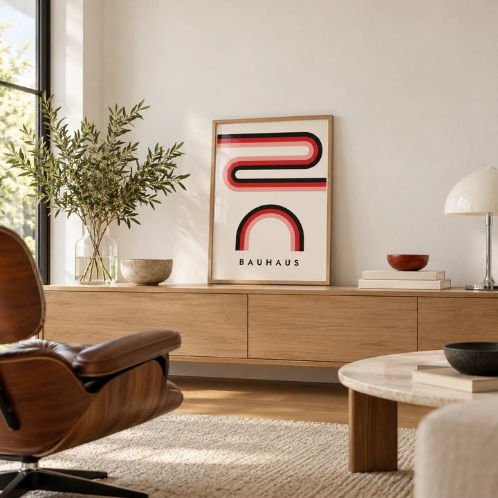 Red Black and White Wall Art, a small A4 framed print leaning on a low pale wooden side table in a hallway