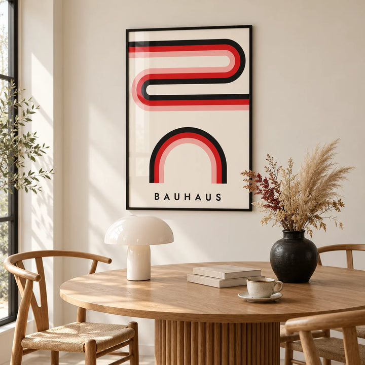 Red Black and White Wall Art, framed on the wall of a warm in a dining room