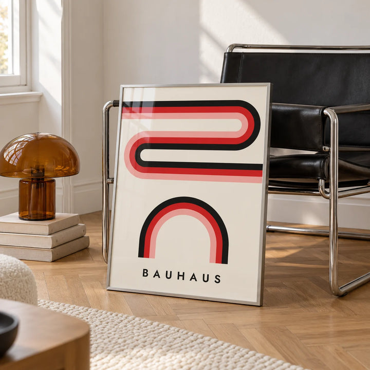 Red Black and White Wall Art, framed on the wall of a white room corner with soft daylight and herringbone oak parquet in a living room